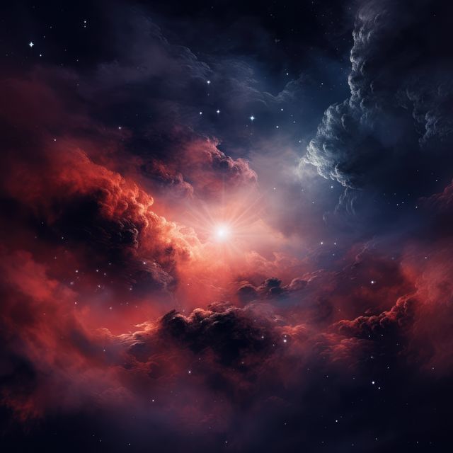 Colorful cosmic scene depicting vibrant nebula with a prominent starburst effect in deep space. Perfect for astronomy, science content, motivational visuals, and cosmic themes. Ideal for educational materials, background designs, space exploration insights, and artistic displays.