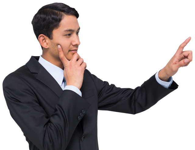 Thinking Businessman Pointing Forward on Transparent Background - Download Free Stock Videos Pikwizard.com