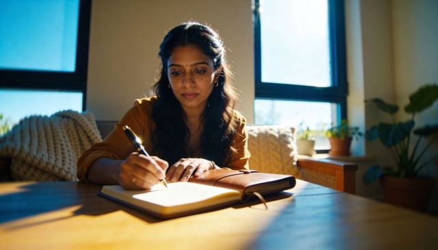 Sunlit journaling indian woman writing in leather-bound notebook at cozy wooden table