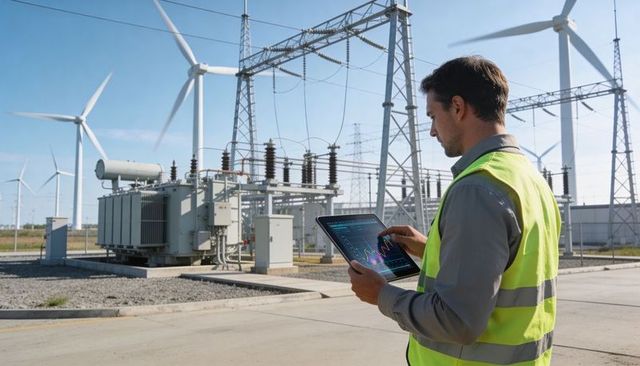Engineer inspecting and monitoring grid performance on tablet at wind farm substation