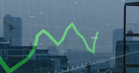 Displaying Translucent Financial Chart Rising Over Urban Skyline Through Glass