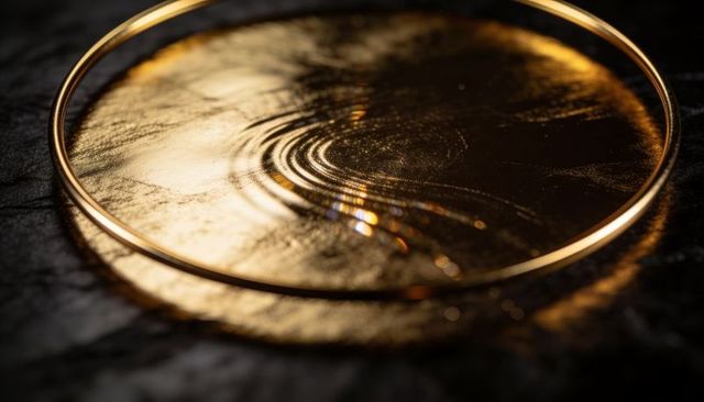 Glowing golden disc with concentric ripples and metallic ring on dark marble surface macro