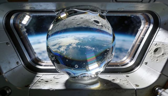 Floating water sphere refracting earth horizon through station window, zero-gravity lensing