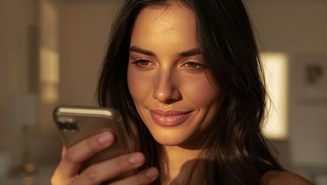 Intimate golden-hour closeup of woman holding smartphone, gazing and smiling softly