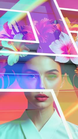 Vertical video showing Asian model with neon hibiscus, geometric frames and rainbow light