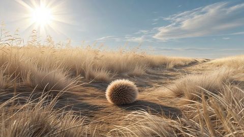 Radiant tumbleweed in sunlit desert dune landscape