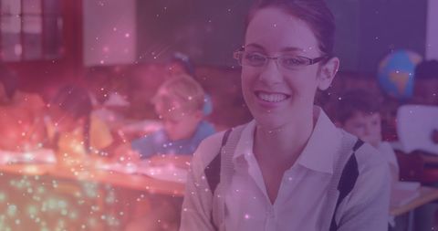 Caucasian female teacher celebrating world teacher day in classroom
