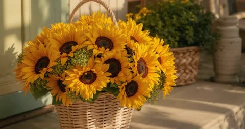 Zooming in on Sunflower Bouquet in Wicker Basket with Detailed Petal Texture