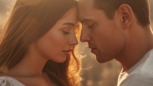 Gazing couple in golden hour backlight, foreheads touching, tender closeup