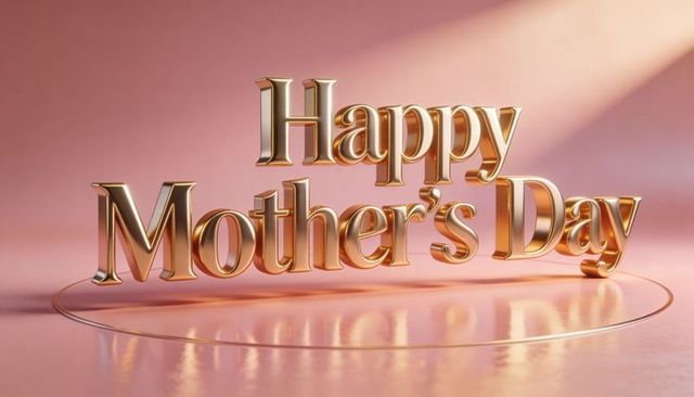 Golden 3D Happy Mother's Day Text on Pink Reflective Stage with Spotlight