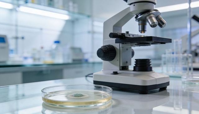 Compound Microscope with Petri Dish Mold Colony on Clean Laboratory Bench for Research
