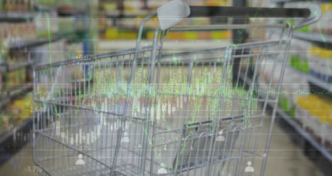 Digital Data Overlay on Shopping Cart in Supermarket Aisle