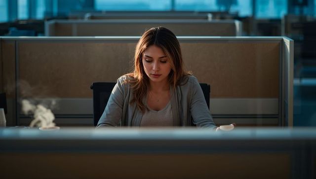 Young woman focusing at open-plan office desk with steaming mug and cubicle partitions