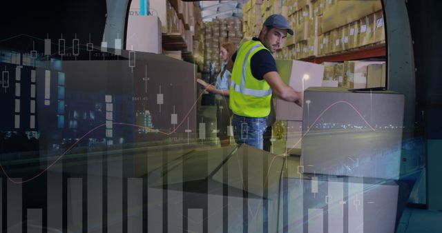 This image shows a warehouse worker in a high-visibility vest handling packages with a stock market graph overlay on the scene. It highlights the connection between physical logistics and financial data analysis. Ideal for use in articles and marketing materials related to supply chain management, logistics, inventory control, business operations, or integrating technology into warehouse processes.