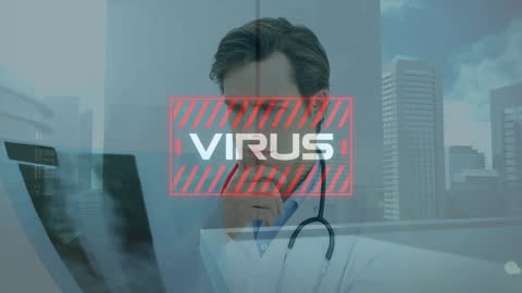 Doctor Analyzing X-ray with Digital Virus Alert Overlay