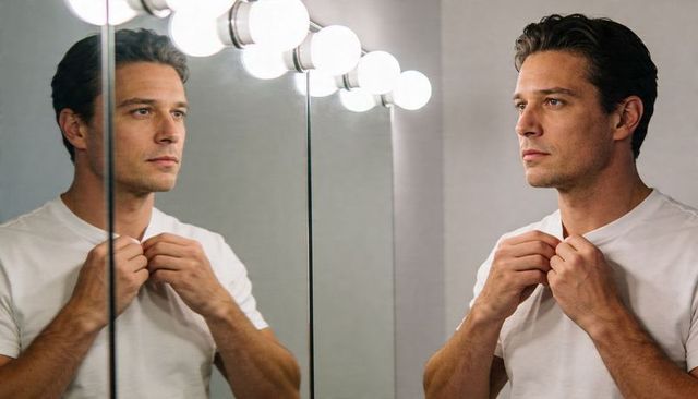 Man adjusting collar in vanity mirror with bulb lights, pensive grooming portrait