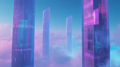 Futuristic Towers Illuminated by Neon Lights Above Cloudscape