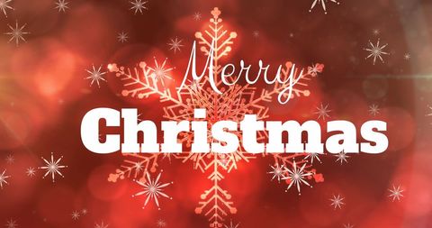 Festive merry christmas text on red snowflake background