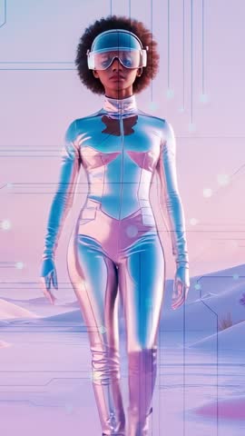 Futuristic Black Woman Walking Toward Camera in Reflective Tech Suit Vertical Video