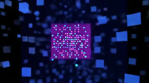 Cyan Cubes Hover Toward Magenta Grid in Futuristic Corridor