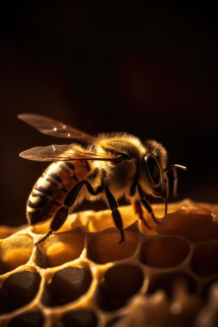 Macro shot of a honeybee actively working on a honeycomb structure. Perfect for illustrations on beekeeping, pollination, nature, and agriculture. Suitable for educational materials, blog posts about bees or honey production, and environmental conservation campaigns.