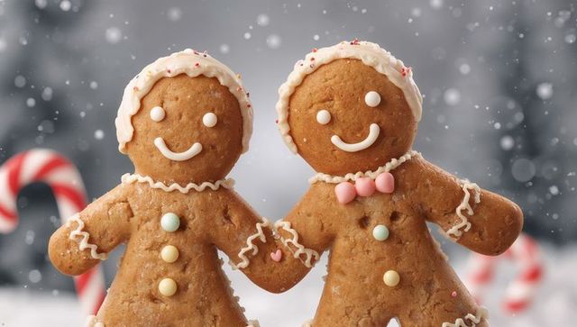 Gingerbread couple holding hands iced details candy buttons snowy holiday bokeh