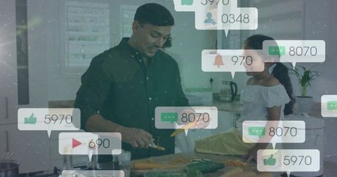 Father and daughter cooking together in modern kitchen with social media notifications overlay