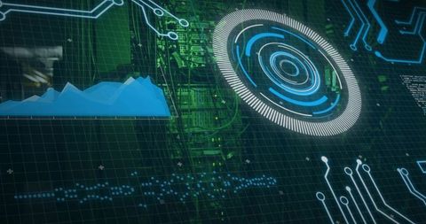 Concentric HUD Displaying Futuristic Data Overlay Over Circuit Board with Blue Area Chart