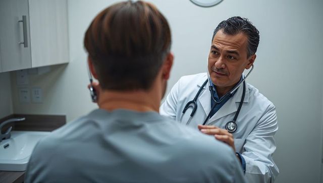 Doctor listening while placing hand on patient shoulder during reassuring consultation