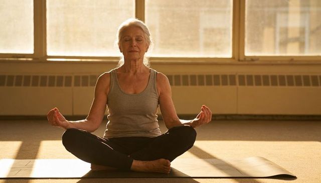 Elderly woman practicing seated meditation in sunlit studio for mindfulness and wellness