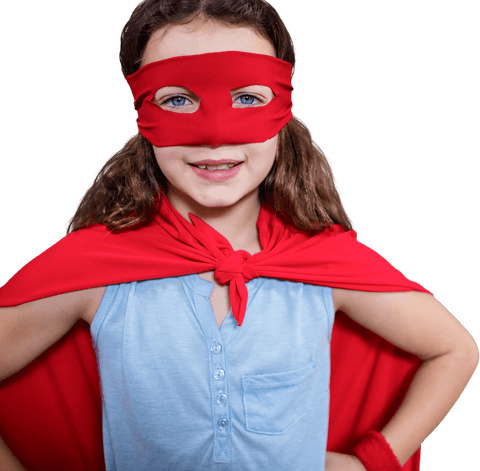 Smiling Child Pretending as Superhero in Bright Red Costume Transparent Background