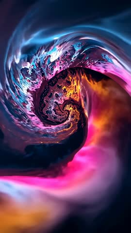 Vertical video curling paint vortex pulling inward with glowing iridescent bands, fluid spiral