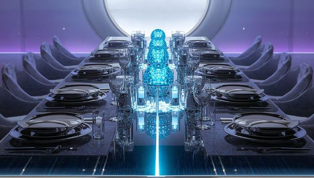 Futuristic luxury banquet table with reflective surface and glowing cyan orb centerpiece