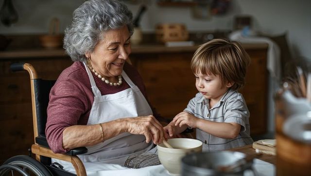 Grandmother in wheelchair teaching grandson to bake in cozy kitchen