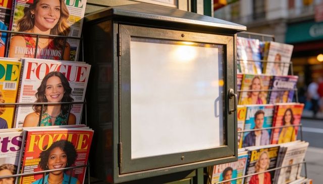 Blank display case catching sunlight beside colorful magazine racks on busy street