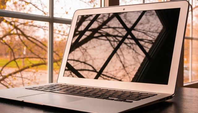 Silver laptop reflecting bare tree branches on window in warm amber light