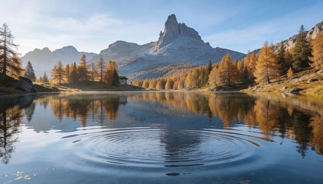 Golden larch reflecting on alpine lake with jagged granite peak, cabin and ripples