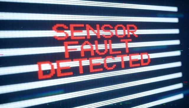 Sensor fault detected warning on industrial monitor with pixelated red text and scanlines