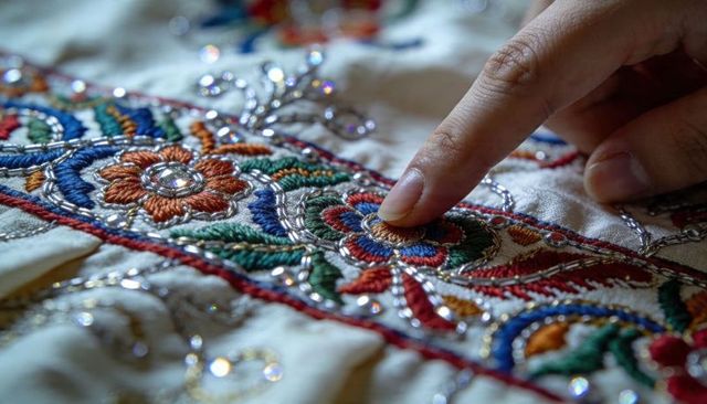 Fingertip tracing intricate floral embroidery with rhinestones and metallic thread