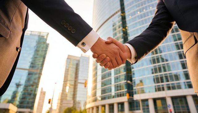 Executive handshake over urban skyline representing corporate partnership deal and trust