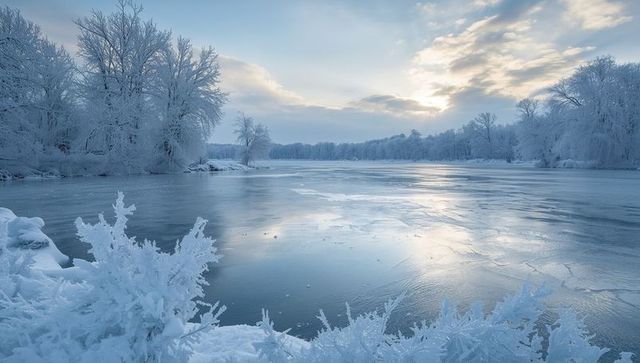 Serene Frozen Lake Enveloped in Winter Beauty