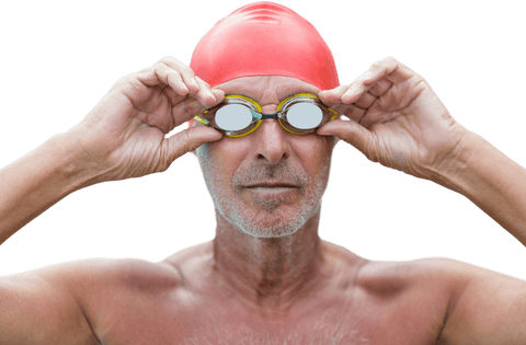senior swimmer adjusting goggles with red cap transparent background - Download Free Stock Videos Pikwizard.com