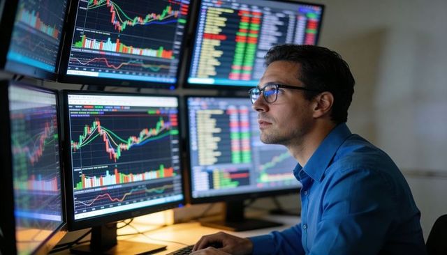 Focused trader monitoring multiple candlestick charts on multi-screen trading workstation