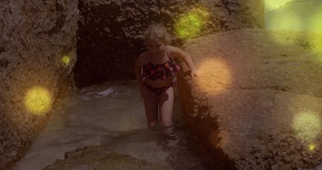 Young Girl Exploring Tide Pools with Magical Light Effects - Download Free Stock Images Pikwizard.com