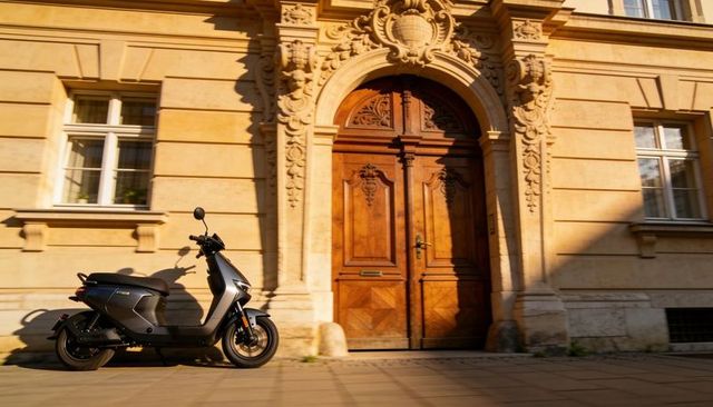 Matte dark gray electric scooter casting long shadow beside ornate carved wooden door