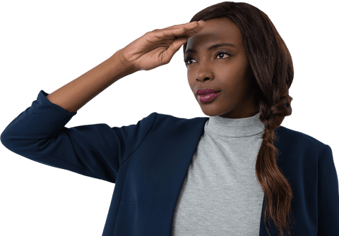 Businesswoman in Navy Suit Looking Ahead Transparent