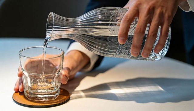 Man in suit pouring water from crystal decanter into glass, elegant table service