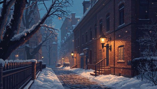 Pixel art snowy cobblestone street at twilight with lanterns and historic brick houses