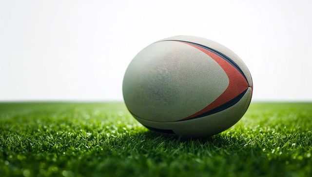 Rugby ball on freshly trimmed green field on sunny day