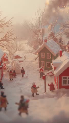 Vertical dolly through handcrafted snow village with glowing lampposts and soft sparkles